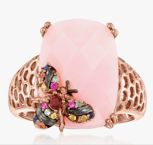 Pink Opal and .10 ct. t.w. Multicolored Sapphire Bumblebee Ring With Single Garnet in 18kt Rose Gold Over Sterling