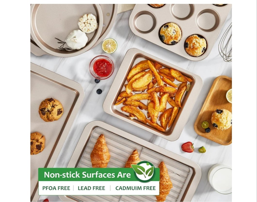 Bakeware Sets, Baking Pans Set, Nonstick Oven Pan for Kitchen with Wider Grips, 10-Piece Including Rack, Cookie Sheet, Cake Pans, Loaf Pan, Muffin Pan, Pizza Pan -