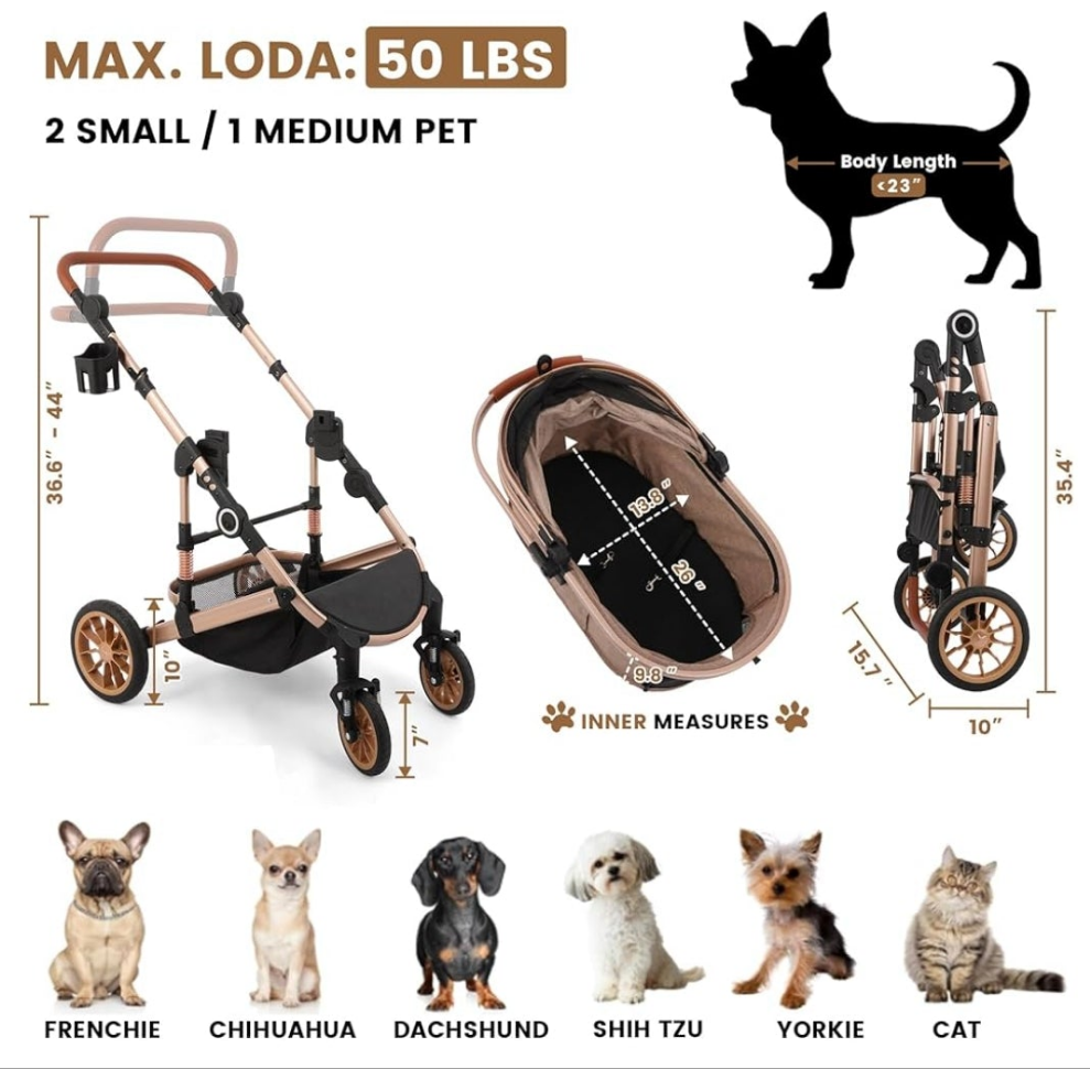 Pet Stroller with 4 Wheels, Foldable Pet Travel Carrier for Small/Medium Dogs Cats up to 50lbs, Detachble Portable Pet Bag, Storage Basket, Car Seat 3 in 1 Multifunctional
