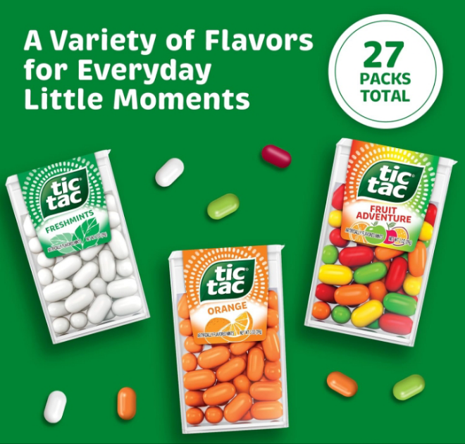 Tic Tac Mega Box, 27 Count, Variety Mints, Freshmint, Orange And Fruit Adventure, On-the-Go Refreshment, Stocking Stuffers, 17.14 oz