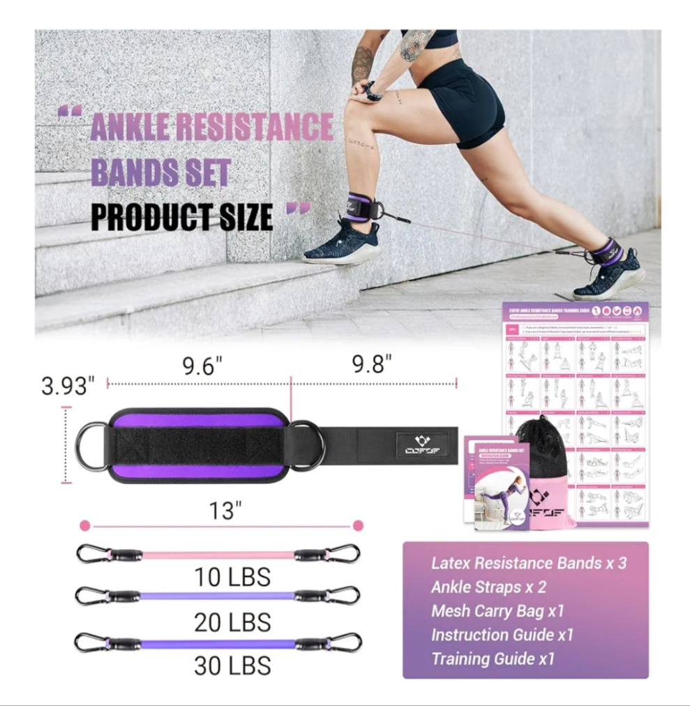 Ankle Resistance Bands with Cuffs, Ankle Bands for Working Out, Ankle Band Cuff for Kickbacks Hip, Leg Glute Exercise Equipment with Training Poster, Resistance Band with Ankle Cuffs for Women