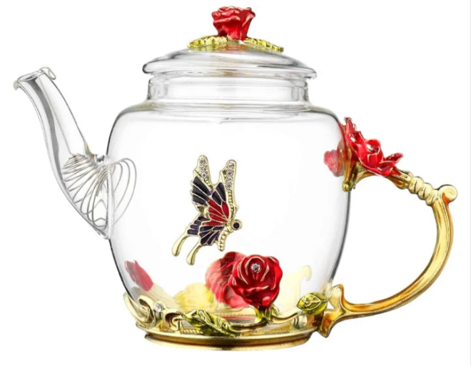 Teapot -300 ml (10 oz) - Flower Butterfly Decoration Heat Resistant Glass Teapot Kettle Loose Leaf Teapot Tea Party glass