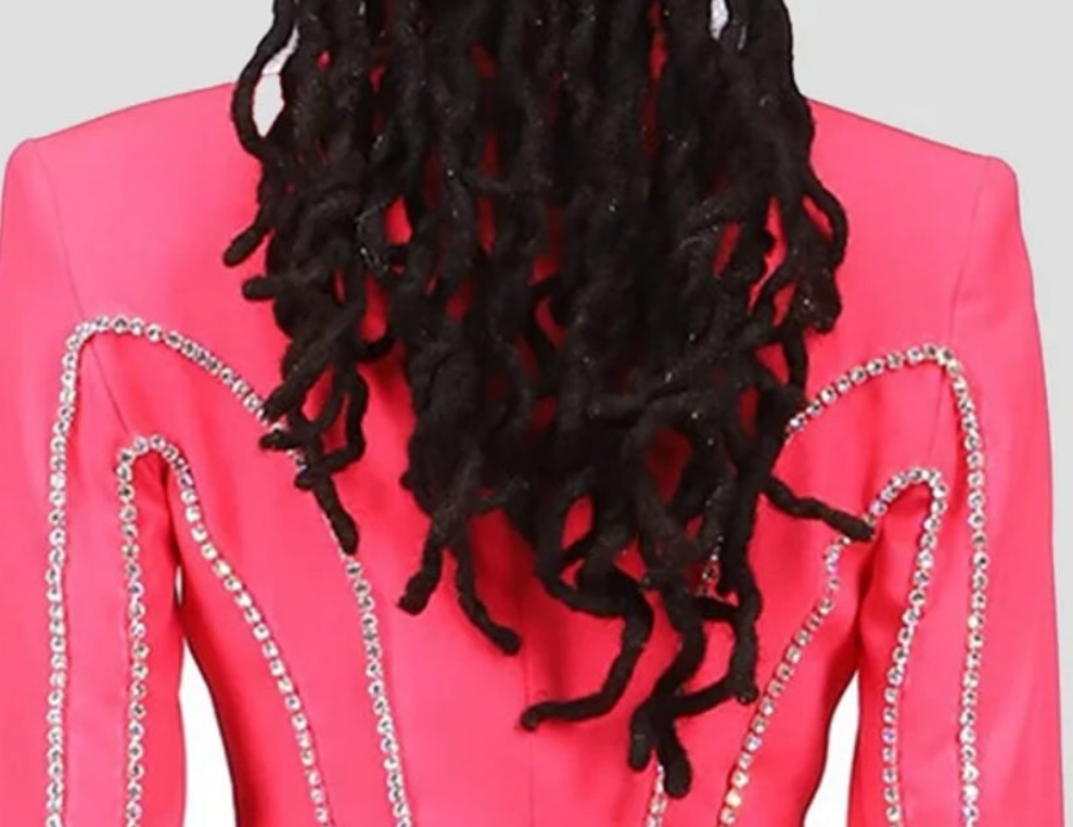COCOMONEY Lapel Double-breasted Rhinestone Decor Blazer Dress-Hot Pink