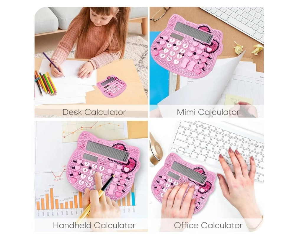 Cute Calculators, Women Desk Calculator 12 Digit with Large LCD Display and Sensitive Button, Suitable for Adults and Children, Standard Function for Office, Home, School (Pink+Pink Jewel Model