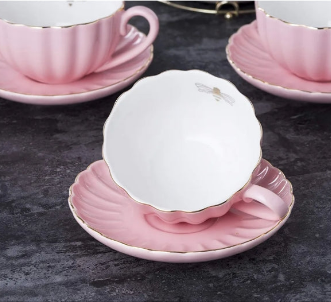 QUEEN BEE COLLECTION Porcelain Tea Set- 8 OZ Coffee Cup/Teacup, Saucer, Spoons, Teapot and Creamer set, 17-Pieces