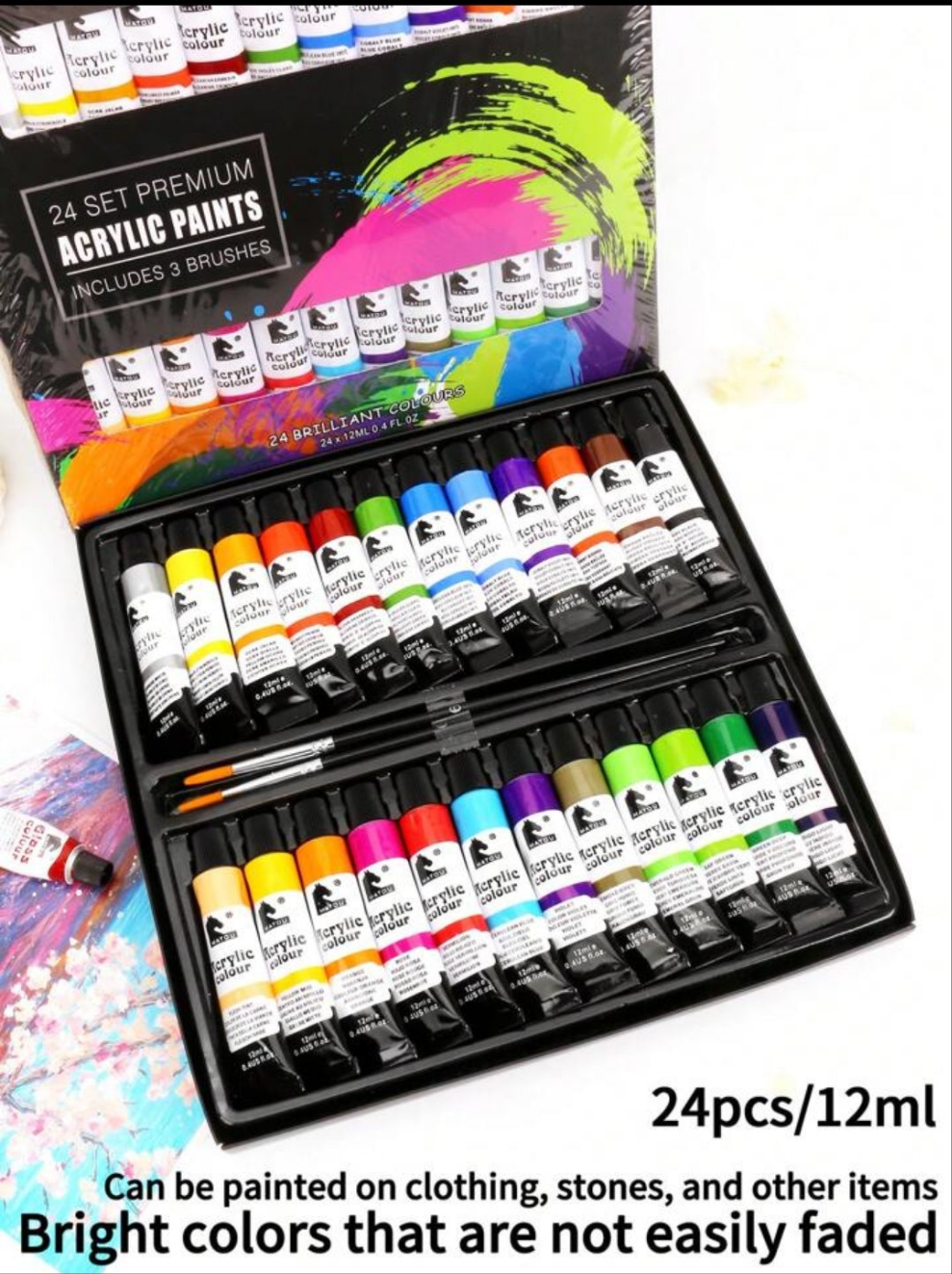 27pcs Acrylic Paint Kit, 24 Colors Aluminum Tube Acrylic Paints Set With 3 Wooden Handled Nylon Hair Brushes aluminum tube