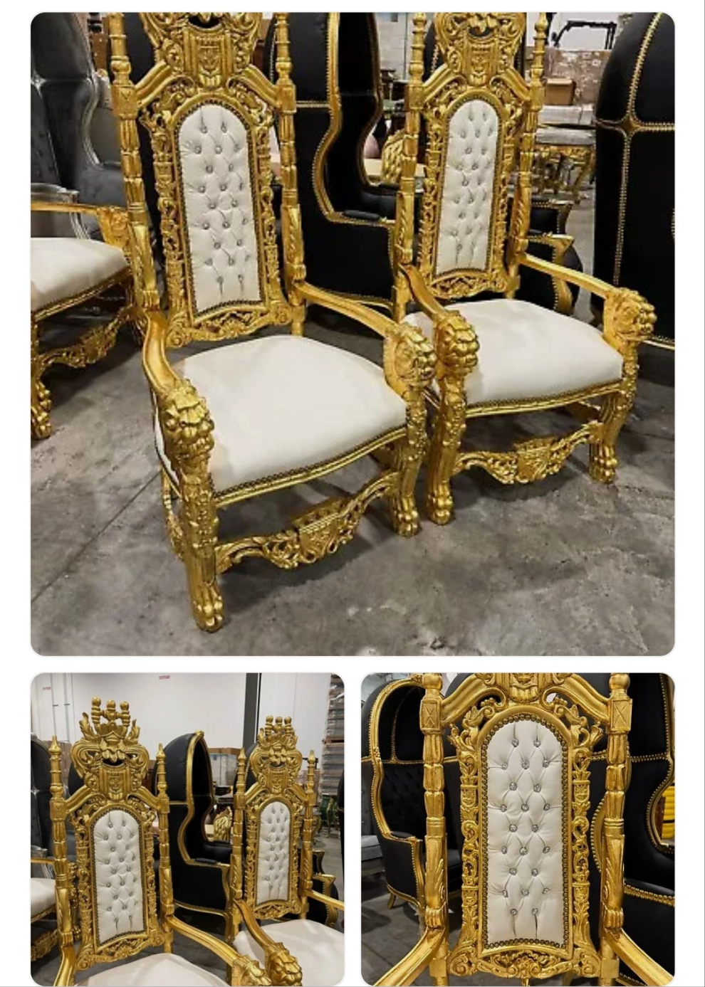 French Medieval Style King Throne Chair with Leather and Gold Leaf Details on the Gold chair Silver Leaf on the Silver chair and Black Lacquer on the Black chair