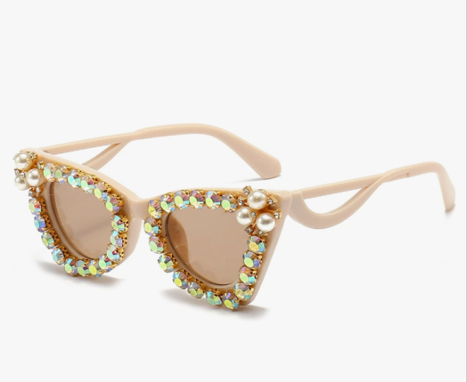 Sparkling Crystal Cat Eye Sunglasses Women Square Rhinestone Pearl Sun Glasses Party Diamond Bling Punk Eyewear