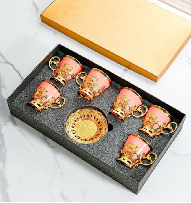 GOLD PLATED Ceramic Coffee Cup Dish Set Simple Gold Plated Mug-Pink 6 cups 6 plates