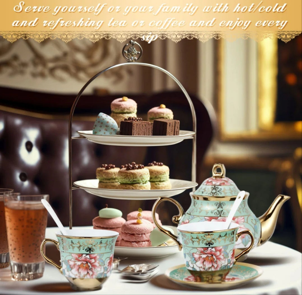 Ceramic 20 Pcs Porcelain Tea Set With Metal Holder Adult Tea Party Set European Flower Tea Cup Saucer Set For Adult Women With Flower Painting, Large Version(Frenchh Style) cute fun pretty