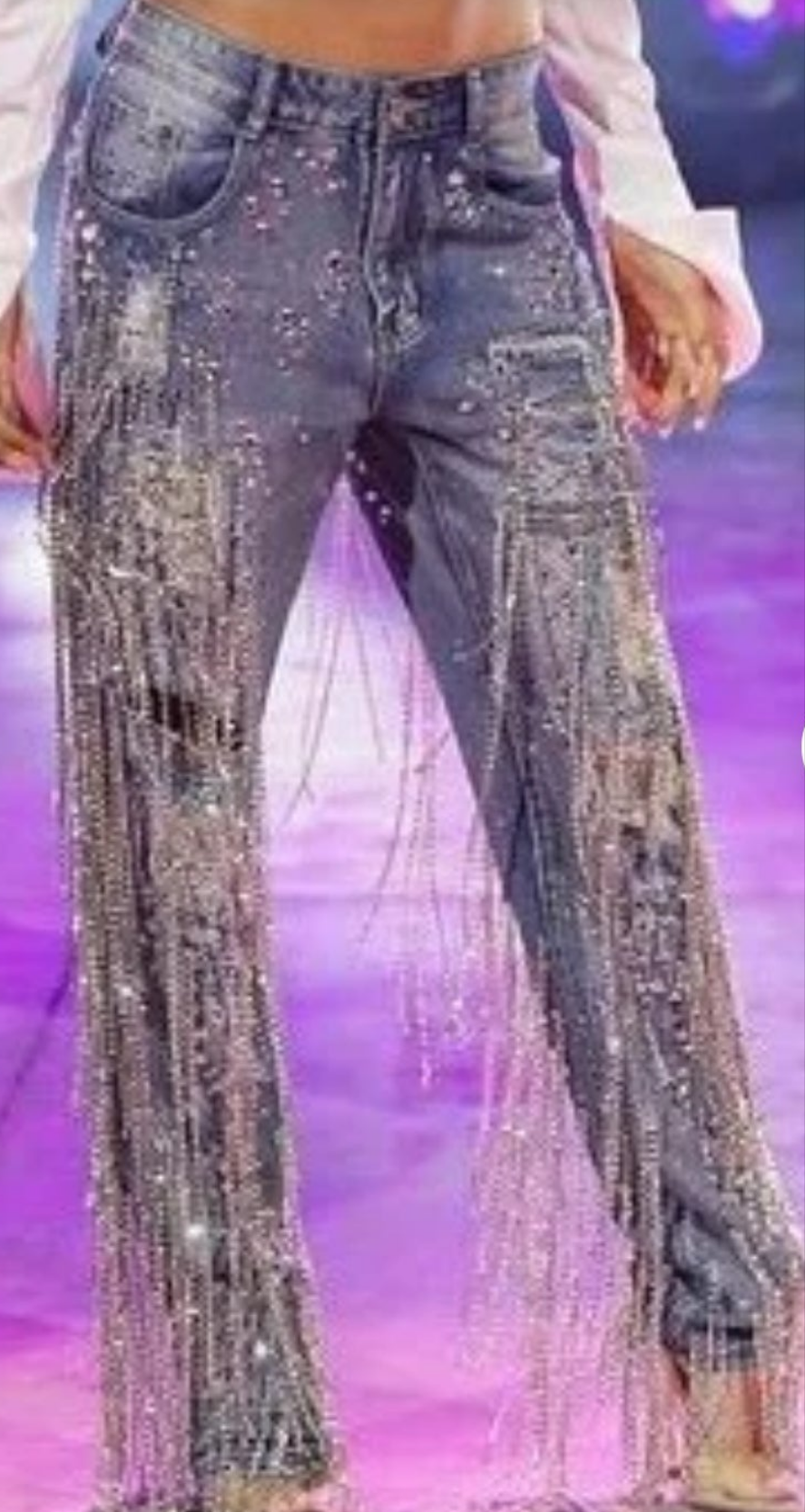 COCOMONEY Ripped Shiny Rhinestone Tassel Denim Jeans-Blue Tassels hanging