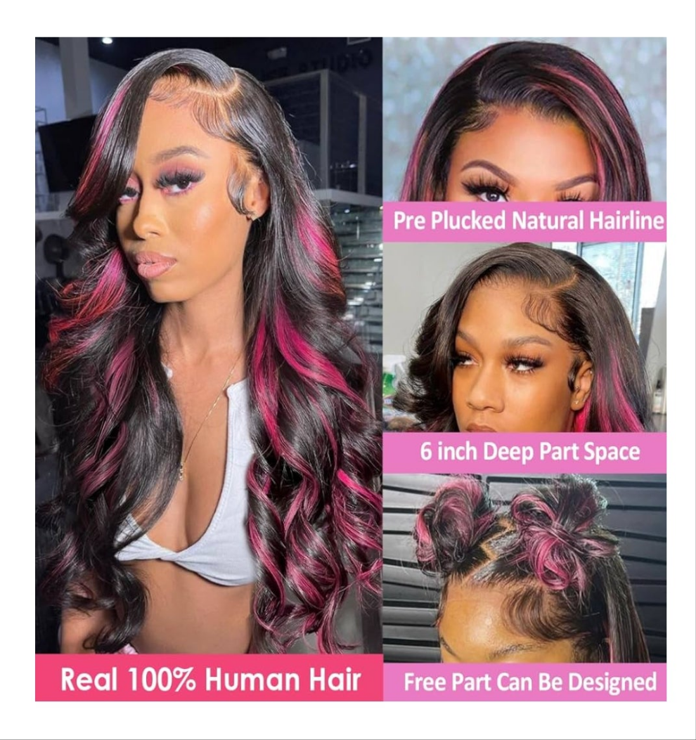 30 Inch Ombre Lace Front Wig Human Hair 13x6 1B/Pink 210% Density Highlight Wig Human Hair HD Body Wave Lace Frontal Pink And Black Colored Glueless Wigs Human Hair