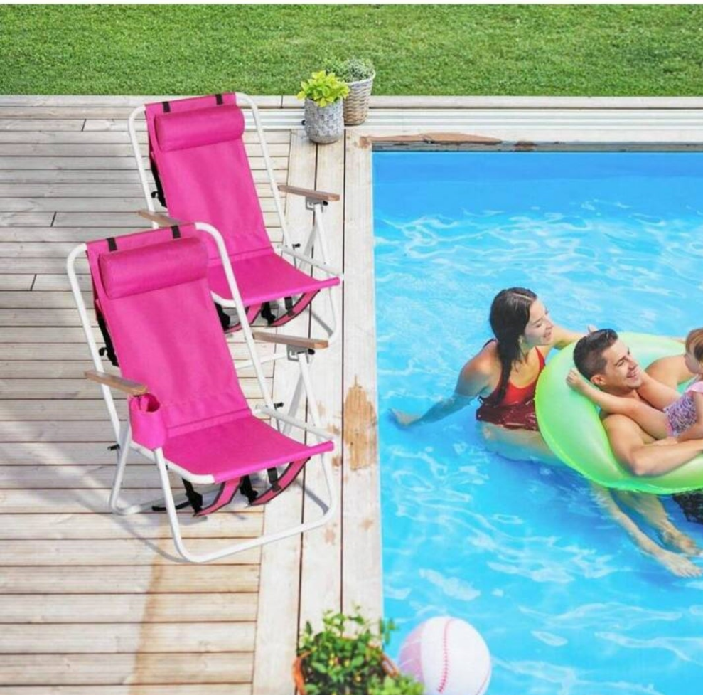 Folding Beach Chair Adjustable Headrest W/4 Flexible Tilt Angle, Cup Holder Portable High Strength Cleanable Fabric, For Sand Camping Lawn Concert Travel Festival