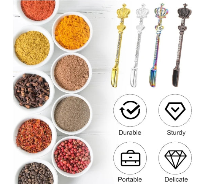 Mini Crown Spoons Set of 4 Mini Shovel Spice Spoon Small Spoons for Spice Tiny Spoons for Powder, Mini Spatulas Spoon, Gold Silver Multicolor Grey Mini Spoons