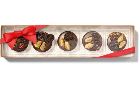 Pistachio Cherry Dark Chocolate Mendiants, 5-Piece Premium Chocolate Collection with Red Ribbon