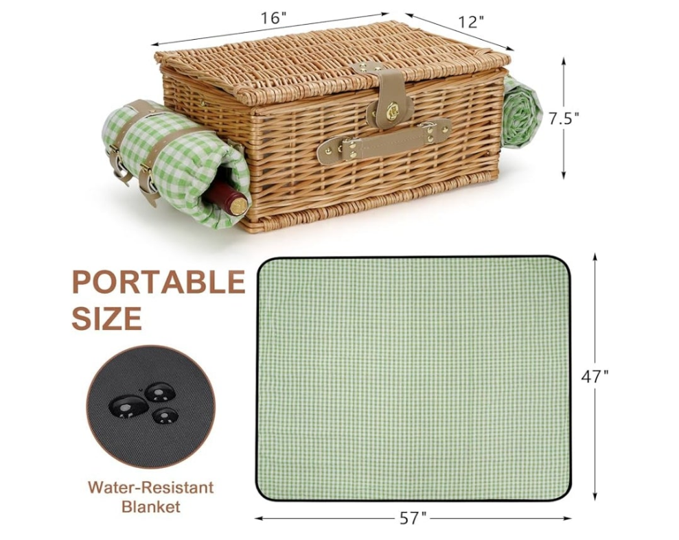 Picnic Basket for 2, Bridal Shower Gift Wedding Gifts with Mr Mrs Wine Glasses and Greeting Card, Engagement Newly Weeding Gifts for Couples 2025, Wicker Picnic Set Kit with Blanket Cooler for Beach