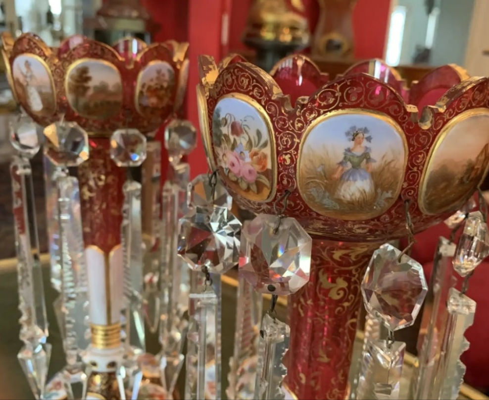 Pair of antique Moser Bohemian cranberry overlay hand painted lusters, circa 1900s cranberry glass