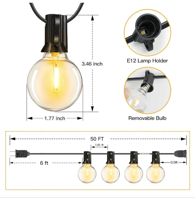 Ollny 25FT Outdoor String Lights, Waterproof Connectable Shatterproof Outside Light with 13 Edison + 1 Spare LED Bulbs Plug in, Patio Lights for Indoor Balcony Porch Camping Deck