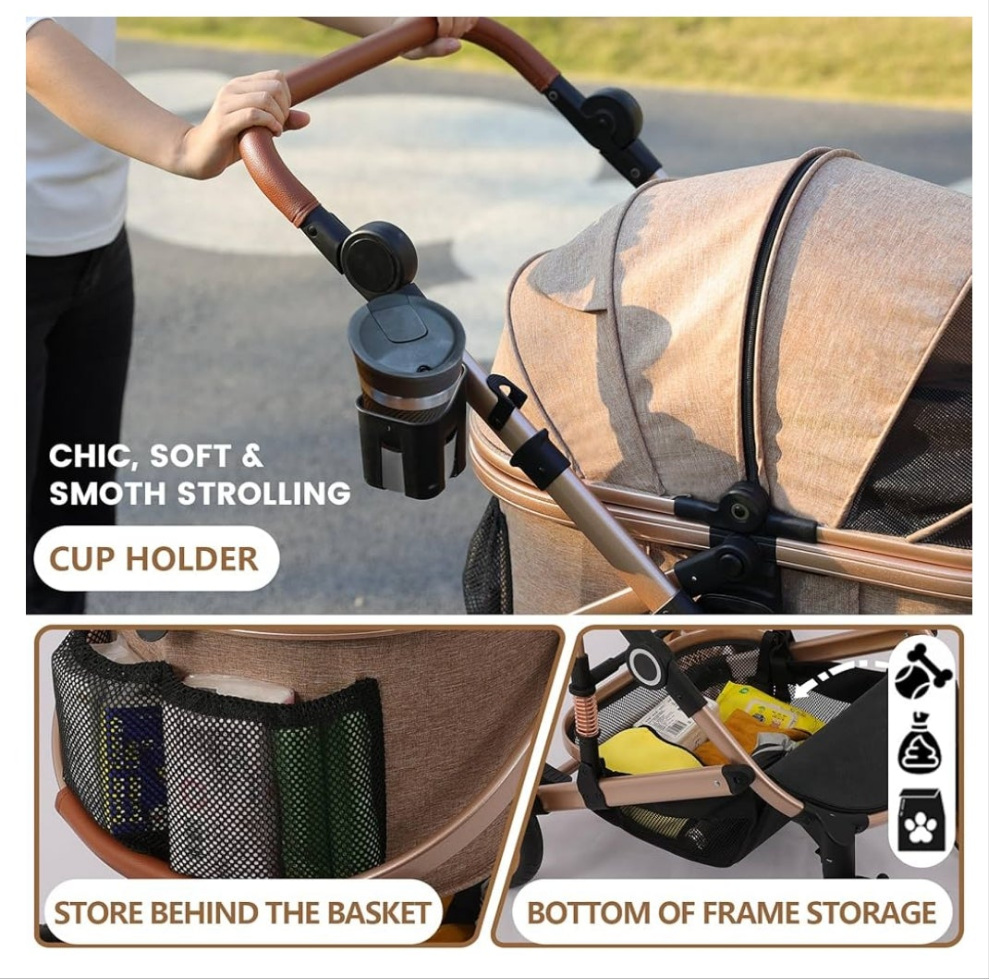Pet Stroller with 4 Wheels, Foldable Pet Travel Carrier for Small/Medium Dogs Cats up to 50lbs, Detachble Portable Pet Bag, Storage Basket, Car Seat 3 in 1 Multifunctional