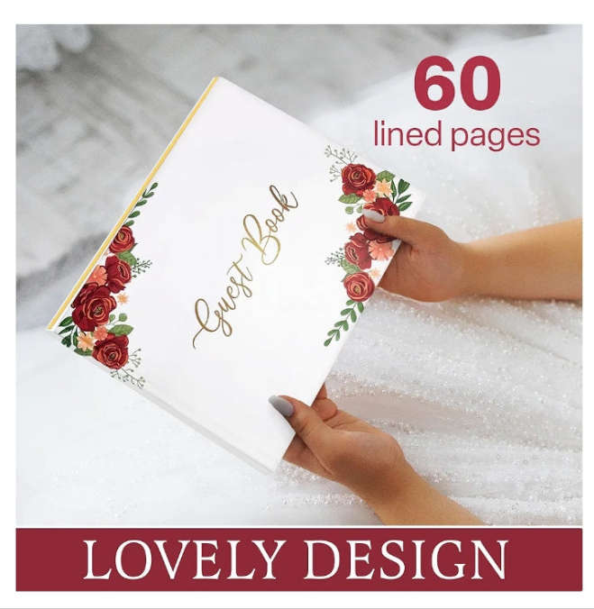 Wedding Guest Book, Guest Book Includes a Pen, Baby Shower Guest Book for Party a Thank You Card, Guest Book Wedding Reception Two Brazalet, Wedding Scrapbook Design of Red Roses