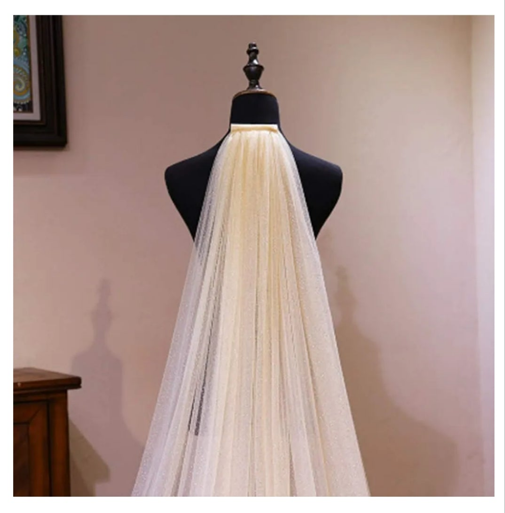 Cathedral 1 Tier Bride Wedding Veil Sparkling Long Bridal Tulle Veil with Comb Drop Veil Cut Edge for Bride (118''W,