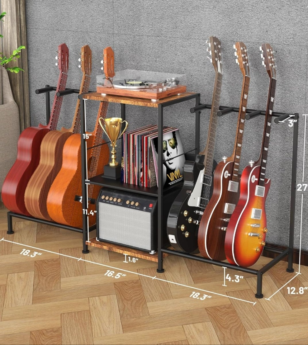 Guitar Stand for Acoustic Multiple Guitars Holder with 3-tier Storage Shelf, Guitars Display Rack Guitar Amp Accessories with Soft-Padded Protect Multi Guitar Stand for Home Studio Music Room