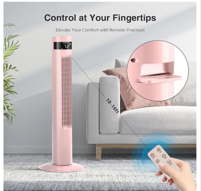 Tower Fan with Remote Control, Standing Fan for Office, Oscillating Fan for Home with Children/Pets/Elders,Time Settings,LCD Display,45W,Oscillation, 36" Pink or White