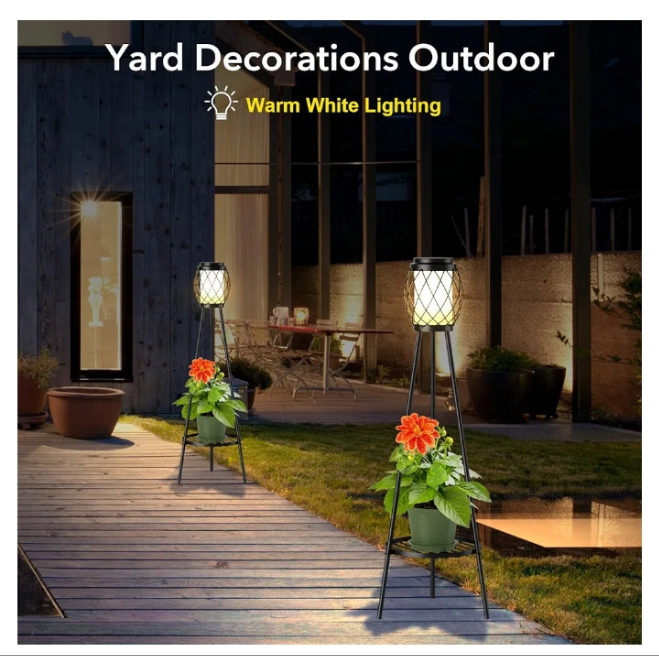 Solar Lights Outdoor Street Lights with Plant Stands 2 Pack, Solar Floor Lamp Metal Tripod Patio Lights for Garden Yard Pathway Driveway Front/Back Porch Decoration