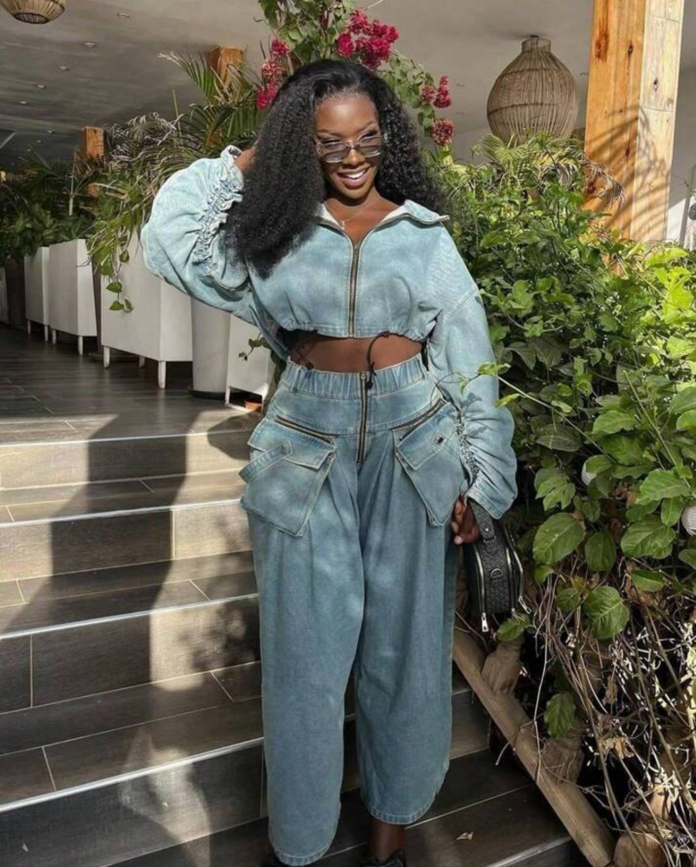 Wide Leg Loose Heavy Industry Denim Two-Piece Suit Women's Clothing