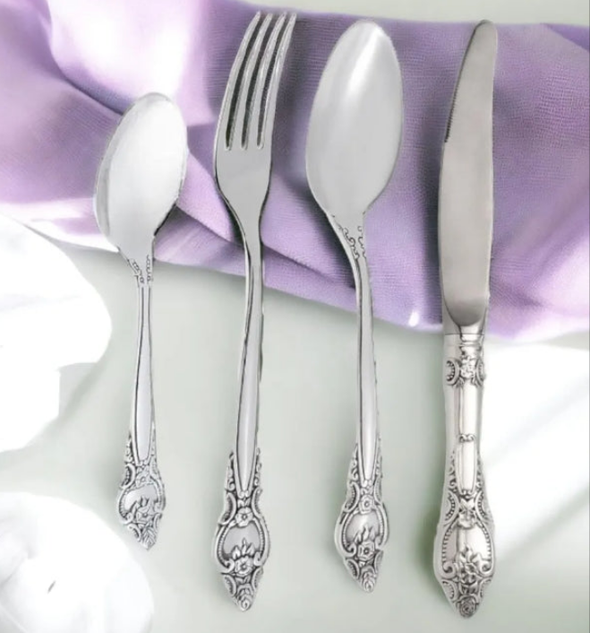 Sterling Silver Cutlery Set Rosette Design 24 pcs (Spoon, Fork, Knife, Tea Spoon) for 6 Persons in a Gift Box by Silver Melody - Wedding Silverware Gift - Silver Hostess Gift Rose Style
