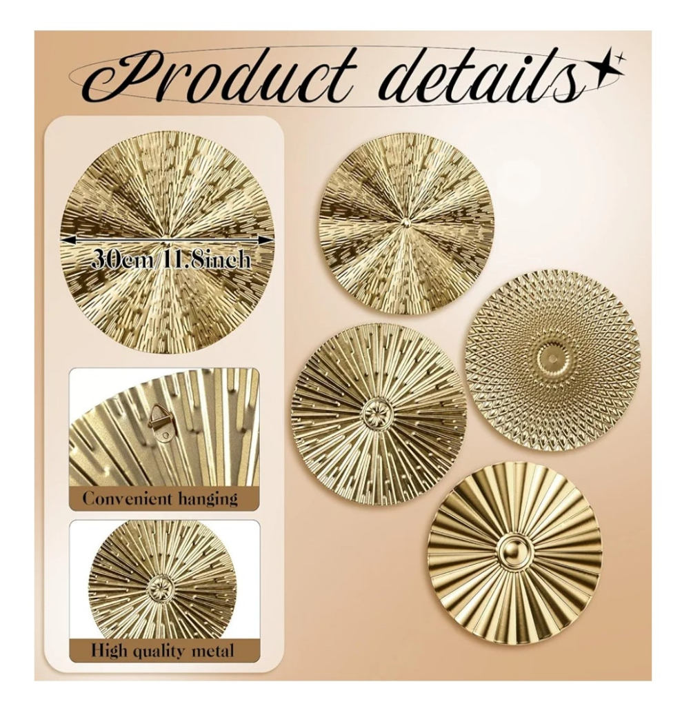 4 Pcs 12 Inch Metal Wall Art Decor Sunburst Hanging Metal Artwork Decor Wall Art Decorations for Home Living Room Office(Gold)