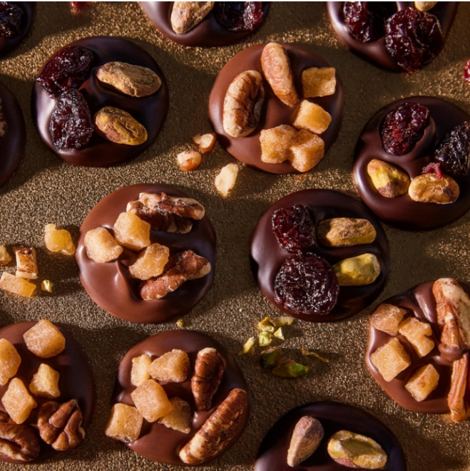 Pistachio Cherry Dark Chocolate Mendiants, 5-Piece Premium Chocolate Collection with Red Ribbon