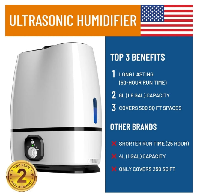 Cool Mist Humidifiers for Bedroom 6L - Humidifier Large Room No-Filter, Quiet Air Humidifier for Plants, Baby, Allergies, Dry Skin, Congestion, 50 Hr Run Time, Easy Clean