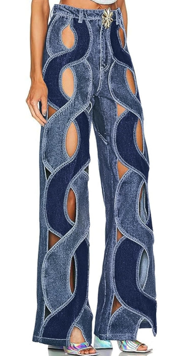 Chic Metal Hollow Out Cable Twist Back Heart Flare Bell Bottom Denim Jeans Pants