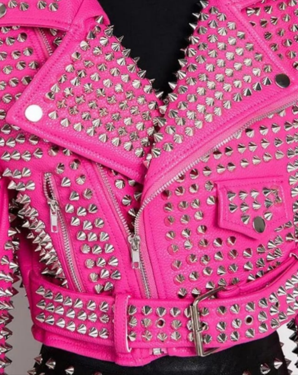 Women's Hot Pink Studded Leather Moto Jacket COCOMONEY