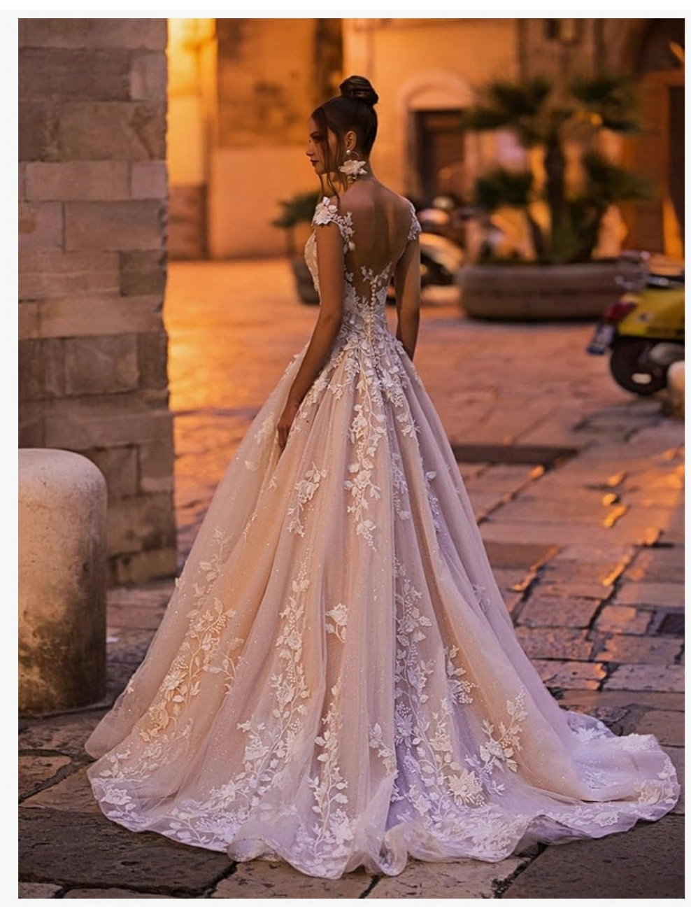 V Back Wedding Dress Sexy Elegant A-Line Glitter Lace Applique Floor Length Long Bridal Gown for Bride