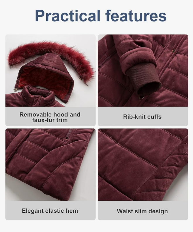 Warm Winter Coat Velvet Puffer Jacket Quilted Faux Fur Hood