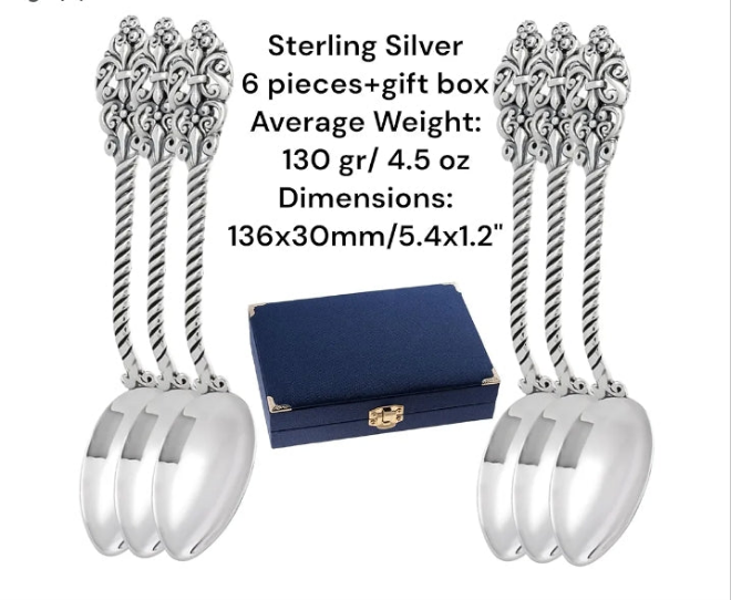 Sterling Silver Tea Spoon with Royal Pattern Handle - Elegant Collectible Flatware, Luxury Decorative Silverware for Tea & Gifts - Memorable Gift Set Jewelry Utensils, 130 gr (6)
