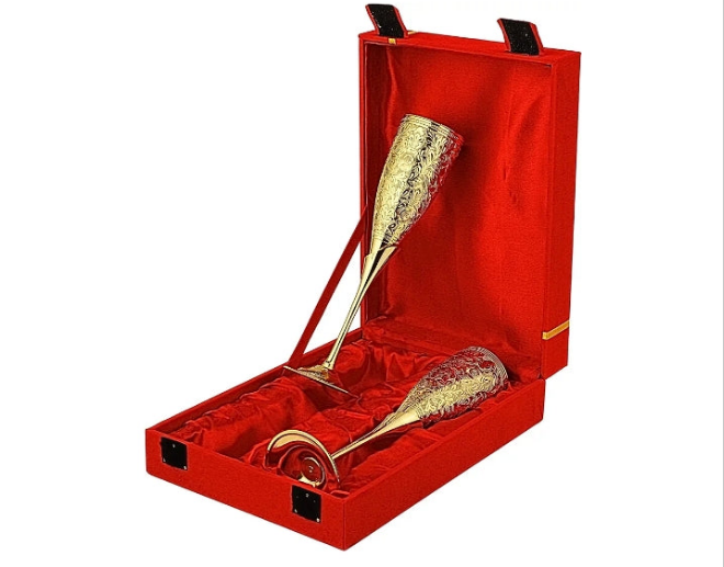 24K Gold Plated Wedding Champagne Flute for Toasting Glass Set of 2, Brass Wine Goblet Metal Chalice Engraved