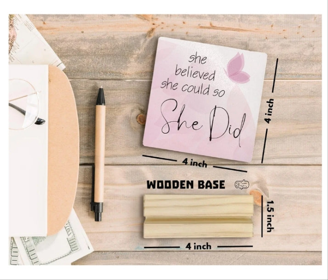Inspirational Desk Decor, Motivational Quote Wood Plaque, Inspirational Positive Gifts for Women,Pink She Believed She Could So She Did Wooden Plaque Sign with Wood Stand for Home Office Decor