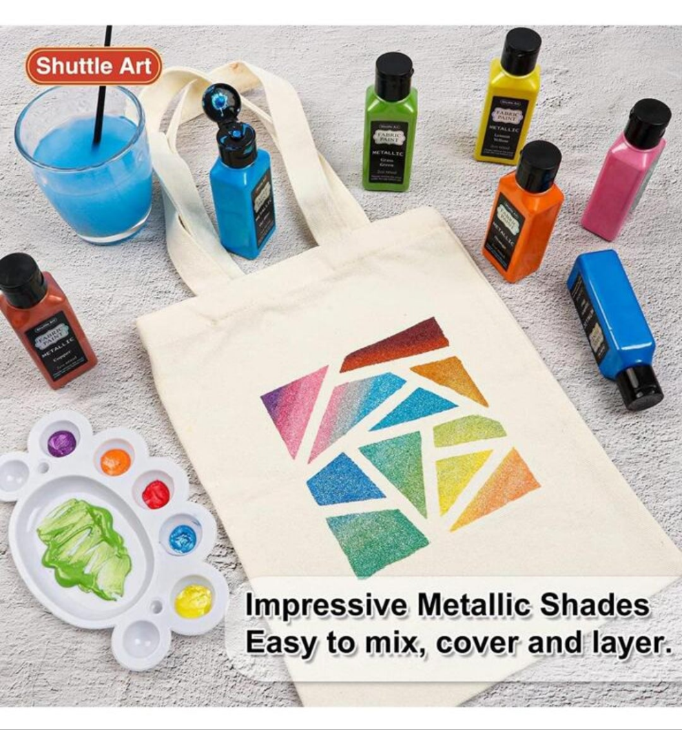 Metallic Fabric Paint, Shuttle Art 18 Metallic Colors Permanent Soft Fabric Paint in Bottles (60ml/2oz) with Brush and Stencils, Non-Toxic Textile Paint for Jeans, Bags & DIY Projects
