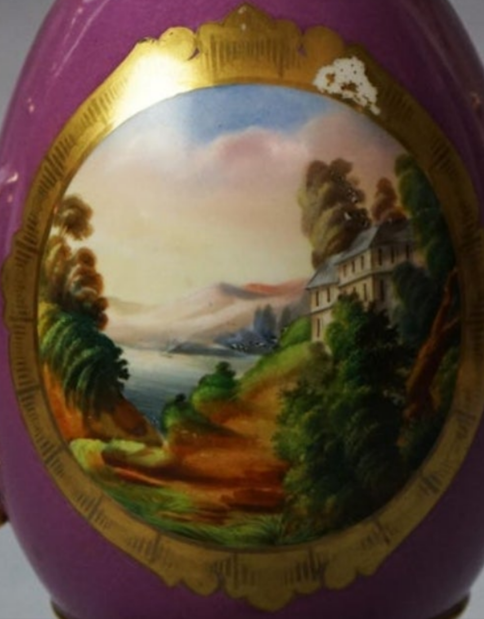 Antique Old Paris Porcelain Scenic Landscape Vase with Scroll Form Handles