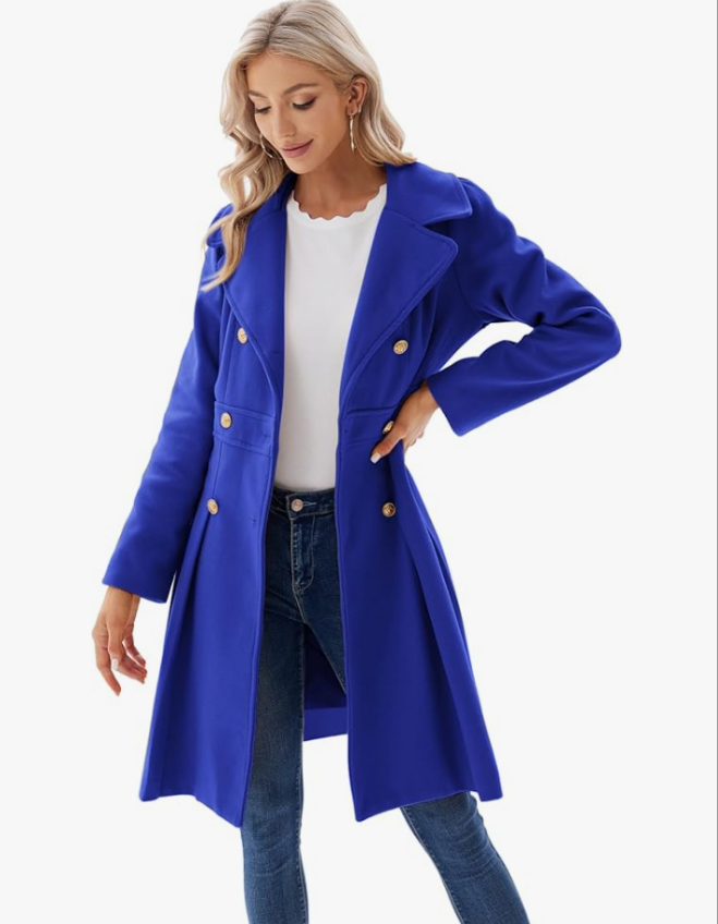 Fashion Trench Coat Notch Lapel Double Breasted Thick A Line Pea Coats Jacket with Pockets(S-2XL)