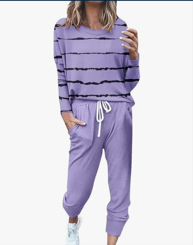 Two Piece Fall Outfits for Women 2024 Long Sleeve Striped/Color Block Tops and Pants Lounge Sets Tracksuit with Pocket
