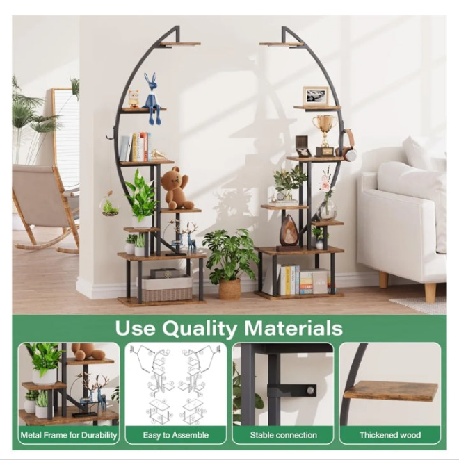 Tall Bookshelf with Lights, 2 Pack Ladder Bookcase, 7 Tier Arched Home Office Storage Book Collectibles Shelves, 64" Modern Corner Display Shelf for Bedroom Living Room Balcony, Rustic Brown