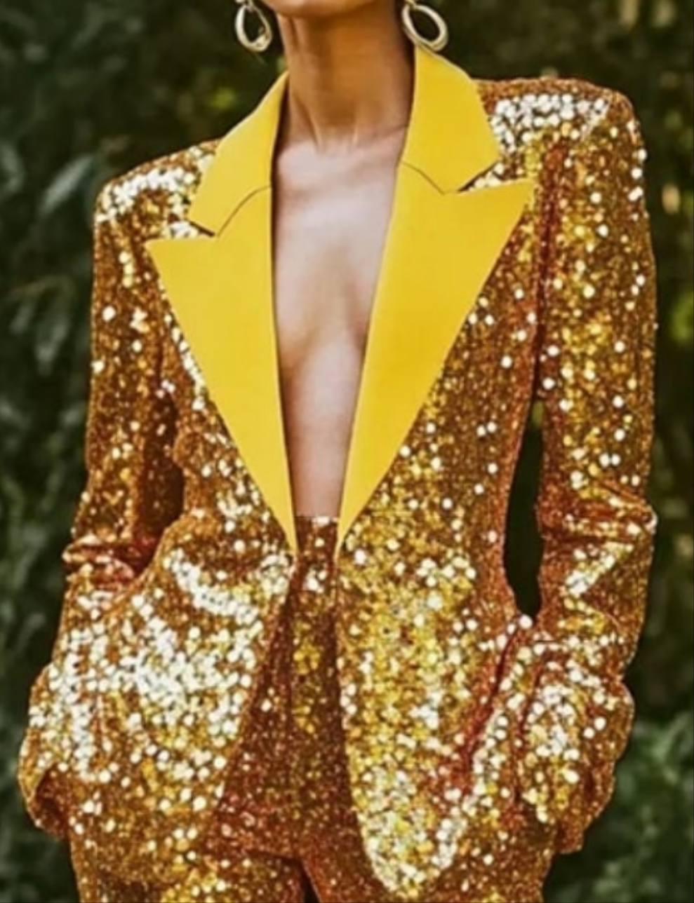 Sequined Blazer Two Piece Pant Suit-Yellow COCOMONEY