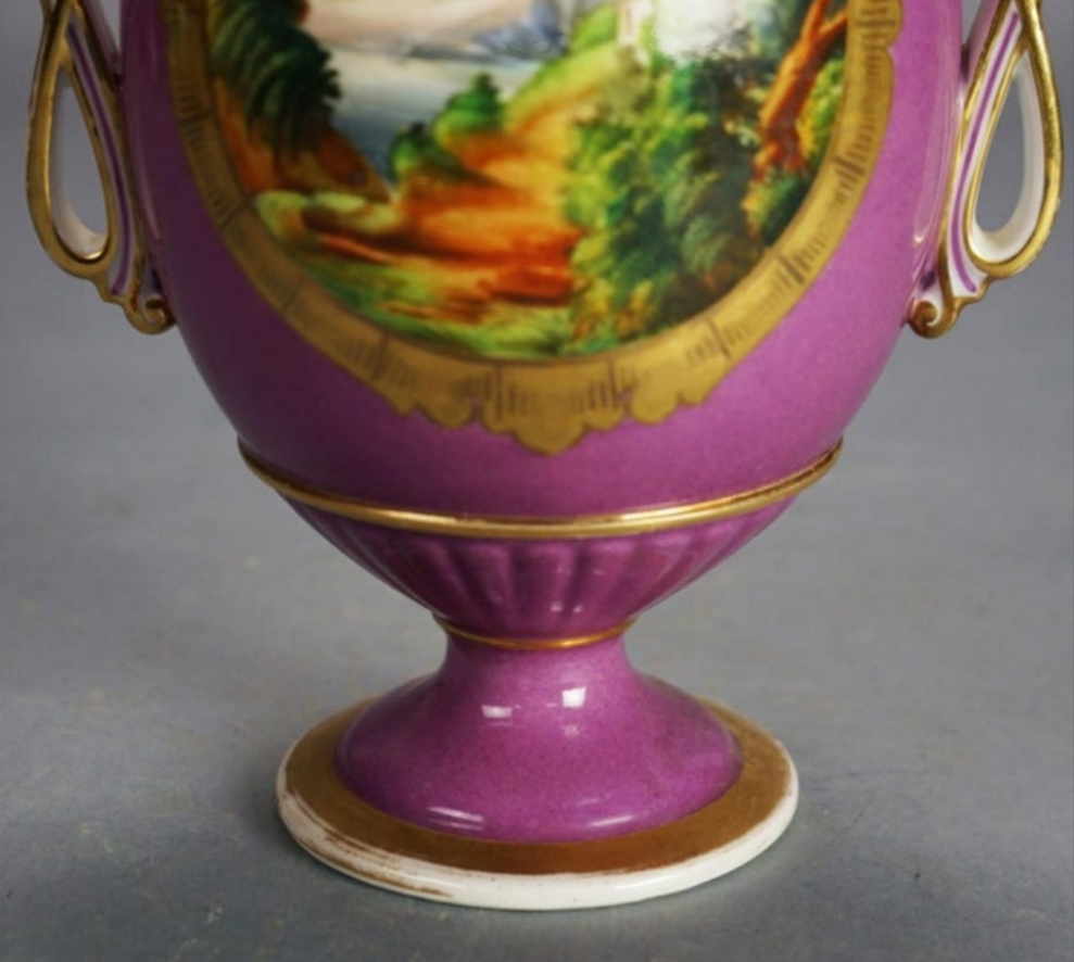 Antique Old Paris Porcelain Scenic Landscape Vase with Scroll Form Handles