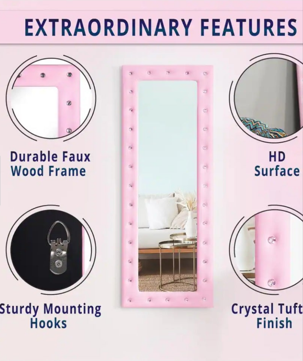 My 22 in. W x 63 in. H Modern Crystal Tufted Rectangle Framed Pink Leaning Mirror in beige as well