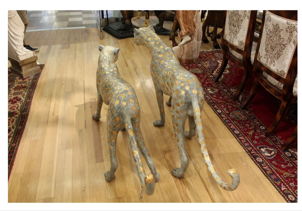 Pair of Golden-Plated Cheetahs Bronze Statue - Size: 58" L x 10" W x 31" H.