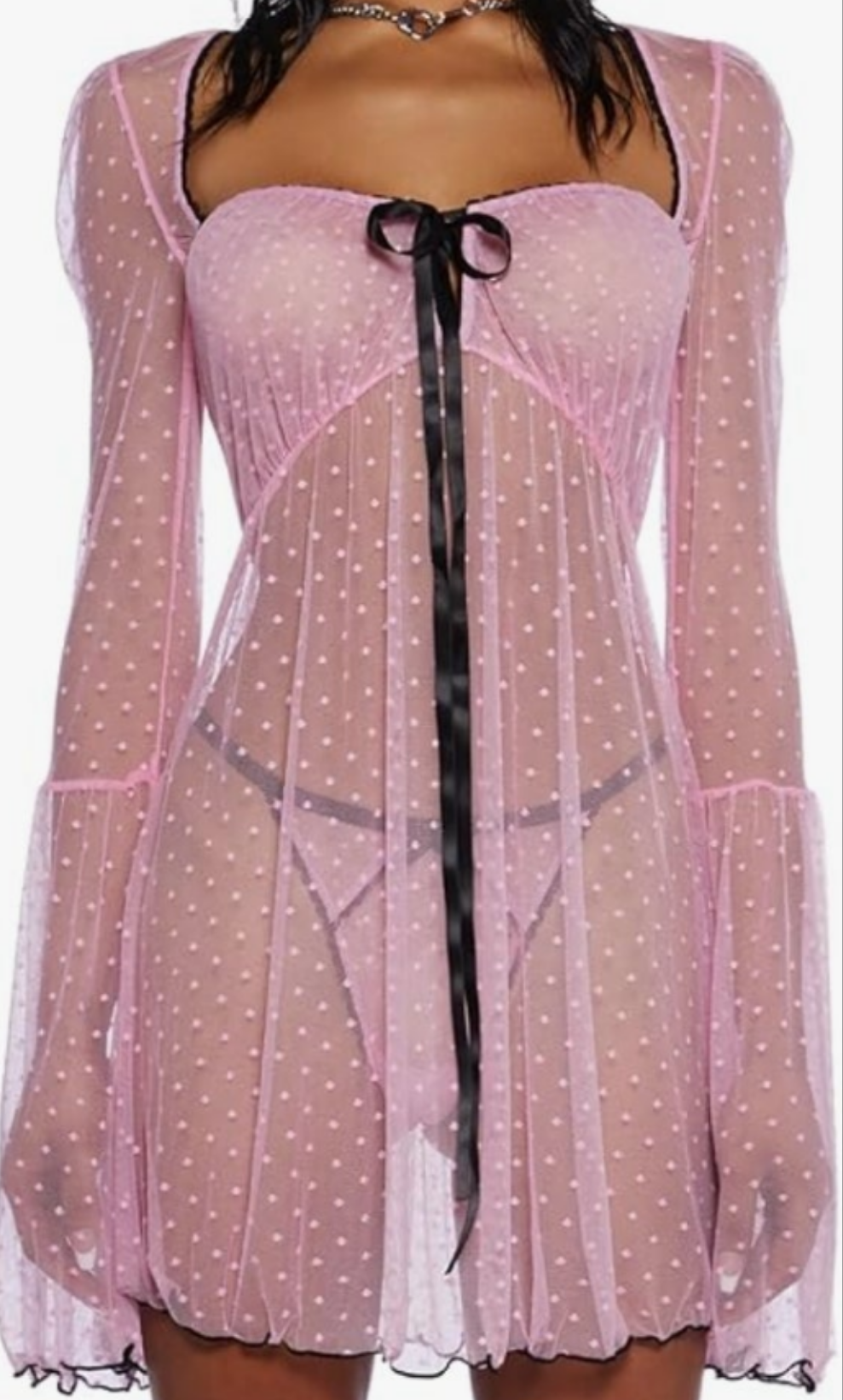 Lingerie Set – Sheer Swiss Dot Chemise with Ribbon Closure Cocomoney